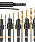 Slick 5-Piece Adjustable Countersink Drill Bit Set with Magnetic Extension Holder, includes sizes 4 to 12 in titanium steel.