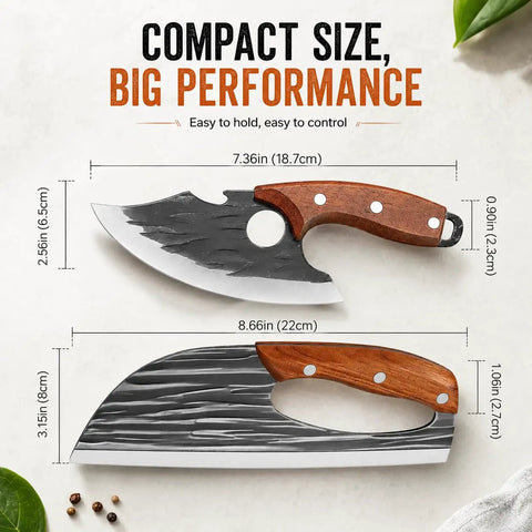 Hand Forged Cleaver And Boning Knife Set With Ergonomic Handles, compact size and performance diagram, kitchen tools
