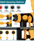Multiple spraying options shown for the high speed cordless paint sprayer, featuring 2.5mm tip and adjustable flow control.