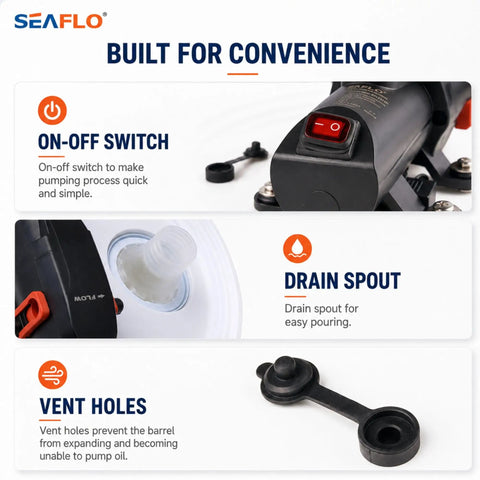 12V Portable Oil Change System For Boats And RVs, High Flow Oil Evacuator Pump with on-off switch, drain spout, vent holes