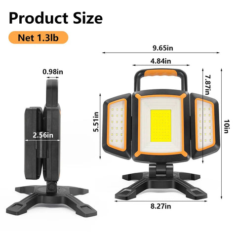 Dimensions of 30W Rechargeable LED Work Light With 3000 Lumens, magnetic and waterproof cordless job site lighting for construction