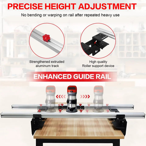 48 Inch Precision Planer Trolley Kit With Reinforced Rails And Router Flattening Sled System shown on a workbench