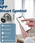 Person using phone app to control smart door lock with keypad and fingerprint, sleek silver finish, ideal for home access upgrade.