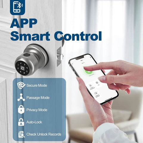 Person using phone app to control smart door lock with keypad and fingerprint, sleek silver finish, ideal for home access upgrade.