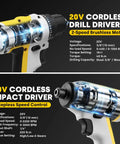 Detailed view of 20V cordless drill driver and impact driver from the Cordless Drill Combo Kit with visible internal components.