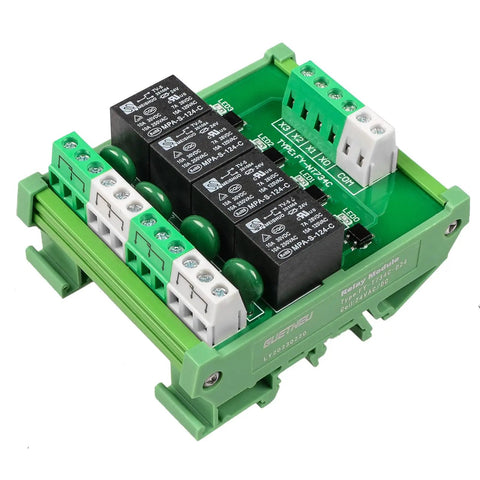 4 Channel Relay Module For Industrial Automation SPDT DIN Rail Mount, 24V DC AC Interface Board, green module with relays