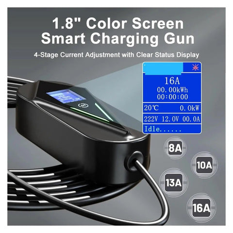 1.8" Color Screen Smart Charging Gun for Grab And Go Portable EV Charger 16A 3.5kW Type 1 Type 2 GBT NACS Adapter