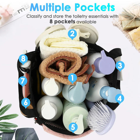 Top view of Odorless Mesh Shower Caddy With Dual Handles 8 Pocket Quick Dry Travel Organizer filled with toiletries.