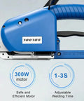 Close-up of blue Cordless Electric Strapping Tool For Half To Five Eighths Inch PP And PET Straps Handheld Auto Sealer