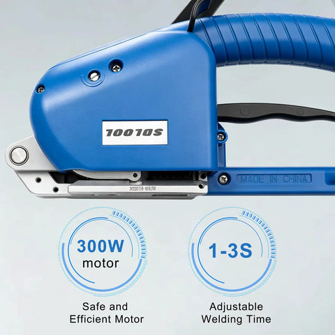 Close-up of blue Cordless Electric Strapping Tool For Half To Five Eighths Inch PP And PET Straps Handheld Auto Sealer