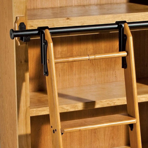 Heavy Duty Sliding Barn Door Hardware Kit With Adjustable Overhead Rail And Satin Black Finish includes a wooden ladder and black rail.