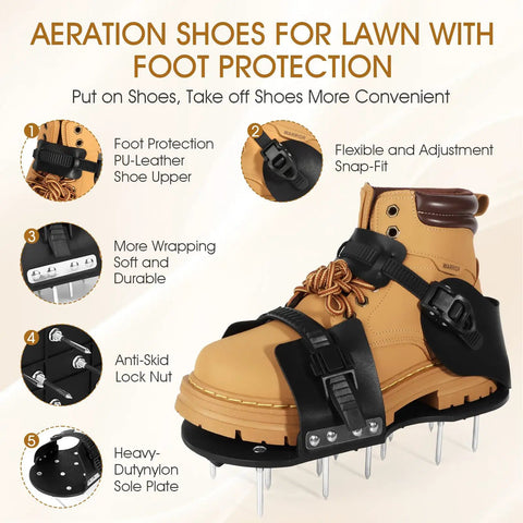 Lawn Aerator Shoes With Spikes For Grass 5mm Metal Base Adjustable Straps Foot Protection showing sole and spike details