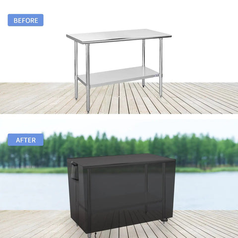 Before and after using Outdoor Prep Table Cover 48 Inch Waterproof UV Resistant Fadeproof Patio Table Shield for stainless steel table.