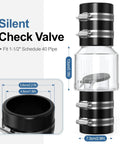 Silent Check Valve 1-1/2 in with clear body, spring-loaded flapper, Buna-N couplings and stainless clamps