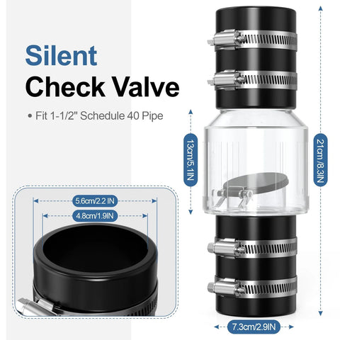 Silent Check Valve 1-1/2 in with clear body, spring-loaded flapper, Buna-N couplings and stainless clamps