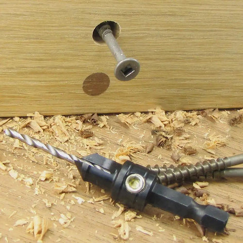 Gold Screw Countersink Drill Bit Set, 5 Piece Including 5/64 Inch, visible with wood shavings and screw hole