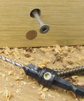 Quick-Change Countersink Drill Bit Set, Two-Piece With Three-Eighths Plug Cutter shown with wood, screws, and shavings