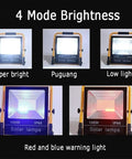 JUDYSSY Led Floodlight 50W Rechargeable Solar Work Light showing 4 brightness modes: super bright, medium, and warning lights.