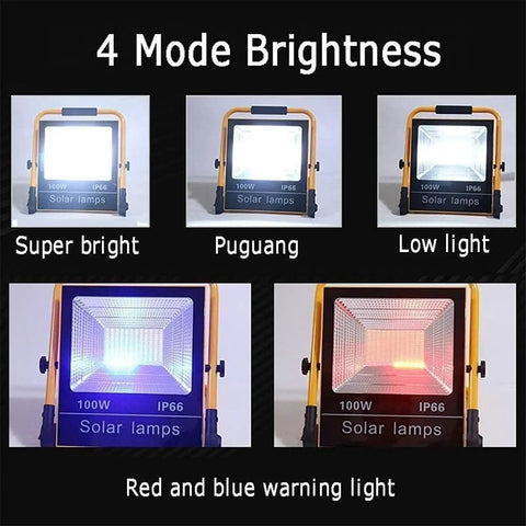 JUDYSSY Led Floodlight 50W Rechargeable Solar Work Light showing 4 brightness modes: super bright, medium, and warning lights.