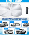 Foldable Windshield Sun Shade Umbrella Fits Tesla Model 3 Y S X Cybertruck, dimensions shown with various car models.