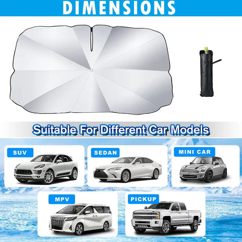 Foldable Windshield Sun Shade Umbrella Fits Tesla Model 3 Y S X Cybertruck, dimensions shown with various car models.