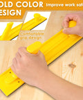 Hands using a yellow push stick from Five Piece Safety Push Block And Push Stick Set For Woodworking Made From Durable ABS Material Must Have Pro Grade Hand Tools For Table Saw Band Saw And Router Table To Improve Guide Control And Cut Safety