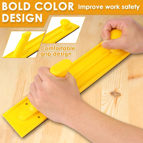 Hands using a yellow push stick from Five Piece Safety Push Block And Push Stick Set For Woodworking Made From Durable ABS Material Must Have Pro Grade Hand Tools For Table Saw Band Saw And Router Table To Improve Guide Control And Cut Safety