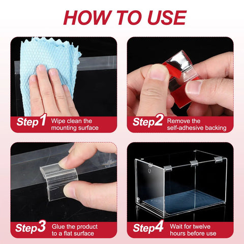 Hella Secure Clear Acrylic Piano Hinges For Furniture And Aquariums No Drama Self Adhesive Continuous Flexible Folding Tape 100 X 35Mm Pack Of Four Transparent Finish installation steps shown.