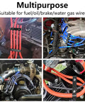 12 Piece Aluminum Spark Plug Wire Separator Kit for 8mm 9mm 10mm Wires Engine Cable Divider Set Keeps Spark Wires Separate And Looking Slick In Black Finish Aviation Grade Aluminum For Durable Car Engine Bay Organization, shown with colored wires in engine bay.