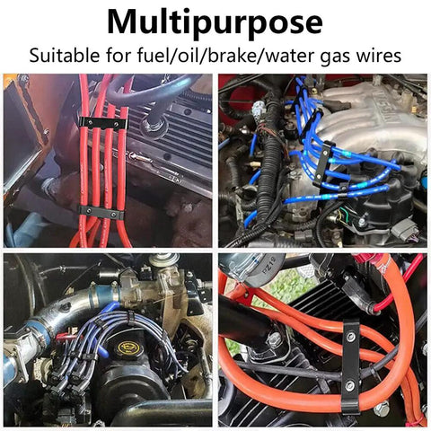 12 Piece Aluminum Spark Plug Wire Separator Kit for 8mm 9mm 10mm Wires Engine Cable Divider Set Keeps Spark Wires Separate And Looking Slick In Black Finish Aviation Grade Aluminum For Durable Car Engine Bay Organization, shown with colored wires in engine bay.