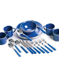 Deluxe 24 Piece Enamel Tableware Set With Blue Finish For Four People Durable Steel Dinnerware For Camping RVs Or Home Use Double Coated