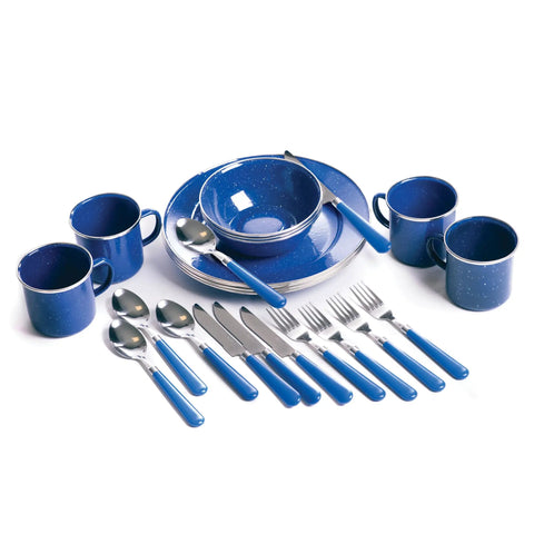 Deluxe 24 Piece Enamel Tableware Set With Blue Finish For Four People Durable Steel Dinnerware For Camping RVs Or Home Use Double Coated
