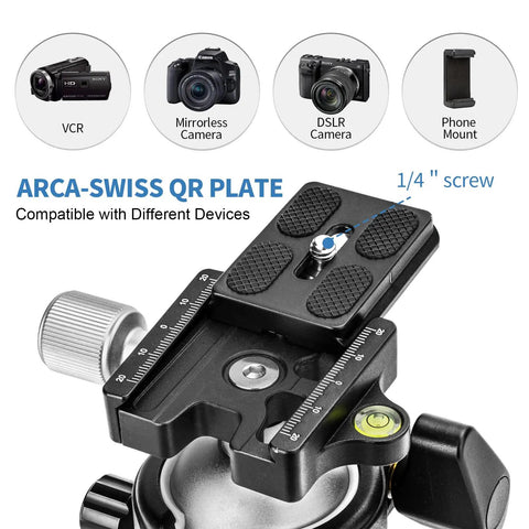 Heavy Duty Tripod Ball Head With One Quarter Inch Arca Swiss Quick Release Plate Aluminum Mount showing compatibility with devices