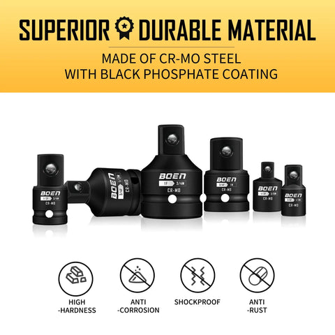 Eight Piece Impact Socket Adapter And Reducer Set For One Quarter, Three Eighths, One Half, And Three Quarters Inch Drive, CR-MO Steel