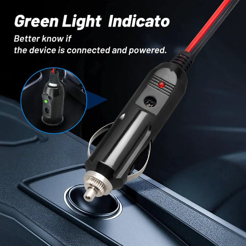 CB Radio Power Cord 12V 3 Pin Plug Fused Replacement Cable with green light indicator in cigarette lighter socket
