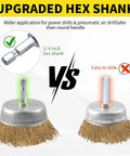 Comparison of wire brush with 1/4 inch hex shank and round shank, highlighting the benefits of the 5 Piece Drill Wire Brush Set With One Quarter Inch Hex Shank Rust Removal Wheels Cups And End Brush For Clean And Prep Projects Pro Grade Home DIY Tool Kit Accessory Durable And Versatile Drill Attachments.