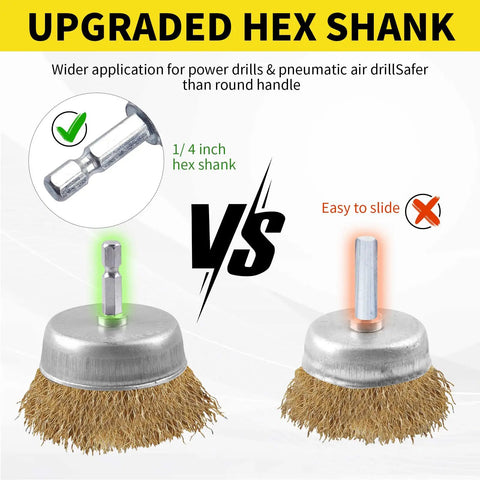 Comparison of wire brush with 1/4 inch hex shank and round shank, highlighting the benefits of the 5 Piece Drill Wire Brush Set With One Quarter Inch Hex Shank Rust Removal Wheels Cups And End Brush For Clean And Prep Projects Pro Grade Home DIY Tool Kit Accessory Durable And Versatile Drill Attachments.