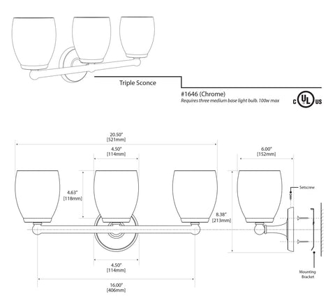 Diagram of Triple Wall Sconce Bathroom Vanity Light Fixture In White Finish showing dimensions and mounting details.