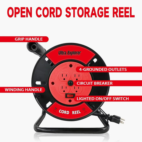 Open Cord Reel With Four Grounded Outlets, Heavy Duty Portable Hand Crank Power Cord Roller Organizer, red, front view