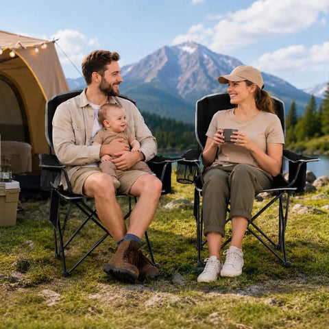 Two Pack Lightweight Folding Camping Chairs For Adults With 4 Can Cooler Bag Cup Holder And Carry Bag in outdoor setting