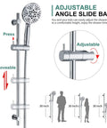 Five Spray Modes Rain Shower Head System with Adjustable Slide Bar Chrome Finish shown with dimensions and adjustable features
