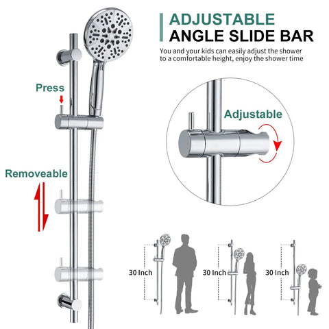 Five Spray Modes Rain Shower Head System with Adjustable Slide Bar Chrome Finish shown with dimensions and adjustable features