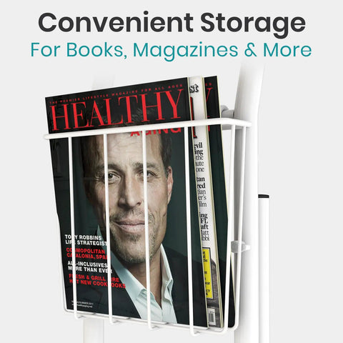 Heavy Duty Toilet Safety Rail With Arms Providing Top Shelf Bathroom Support features a storage rack for books and magazines.