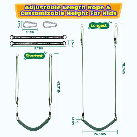 Heavy Duty Kids Swing Seat With 79 Inch Adjustable Rope And 330 Lbs Capacity, Includes 2 Carabiners And 2 Extra Hanging Straps, Swing Set Accessories For Outdoor Playground, Green 1 Pack diagram showing adjustable length.