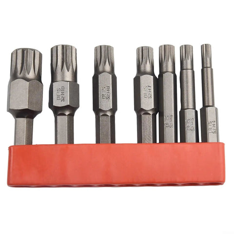 Premium Seven Piece 12 Point Screwdriver Bit Set Features M5, M6, M7, M8 And M10 Torx Sizes For Robust Automotive Repair With 50mm Length Hex Shank Alloy Steel Bits Perfect For Electric Drills And Manual Drivers Without Stripping, red holder