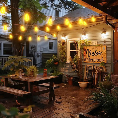 Outdoor patio with 100Ft Outdoor String Lights Waterproof Patio Lighting With Clear Shatterproof ST38 Vintage Edison Bulbs Connectable Outdoor Hanging.