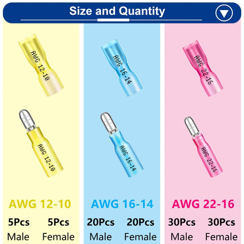 110-Piece Heat Shrink Bullet Wire Connectors Kit For Automotive Boats Stereo And Industrial Equipment Waterproof Male And Female Bullet Connectors 22-16 And 16-14 AWG Red Blue Color-Coded Plug And Play Easy Splice And Rock Solid Seal size quantity chart displayed.