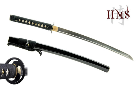 Unsharpened Stainless Steel Wakizashi Iaito for Iaido Practice, 21 Inch Blade With Bo Hi Fuller, Tomoe Crest Design, Close-up