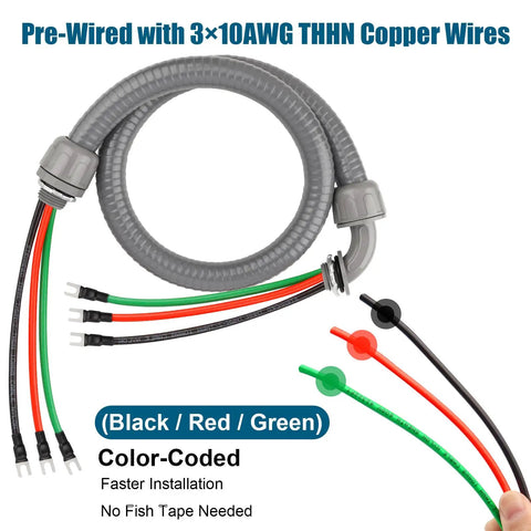 10 Foot Non Metallic Liquid Tight Conduit Kit with prewired 10 AWG THHN copper conductors and 90 degree connectors for HVAC