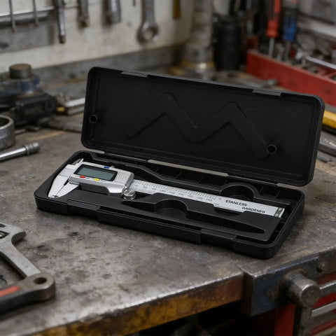0-150mm Digital Caliper with Large LCD Display in black case on a workshop bench.
